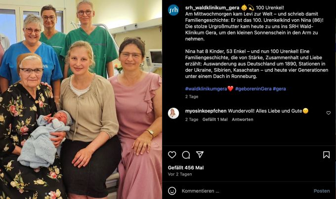 Nina Dück (unten li.) mit 100. Urenkel Levin im Arm, daneben Enkelin Evelina Penner (Mitte) und Tochter Evelin Rhein (re.). Dahinter das stolze Klinikpersonal. 100 urenkel