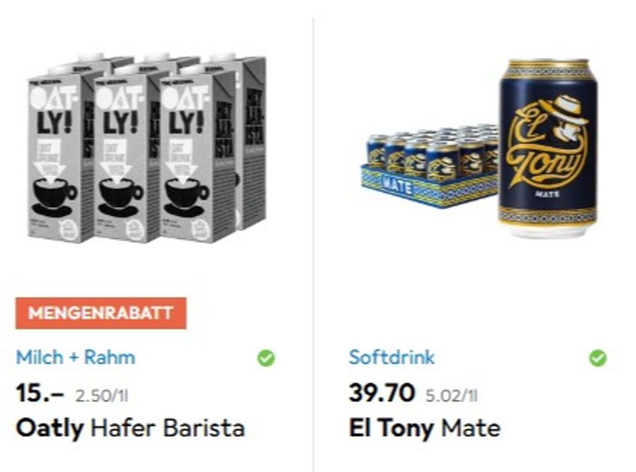 Top-Seller bei den Verkäufen von nichtalkoholischen Getränken auf Galaxus: Der Wachmacher El Tony Mate und Hafermilch von Oatly.