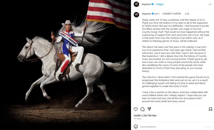 Beyoncé schreibt auf Instagram, dass «Cowboy Carter» gar «kein Country-Album», sondern ein «Beyoncé-Album» sei. Beyoncé