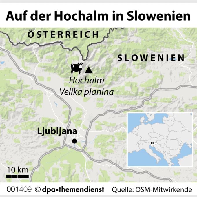 Ein Sommer auf Sloweniens Hochalm" von Anita Arneitz vom 30. Mai 2022: Die Velika planina liegt in den Steiner Alpen. Von der Hauptstadt Ljubljana ist es nicht weit bis zu der Hochalm. Grafik Slowenien Hochalm Velika planina