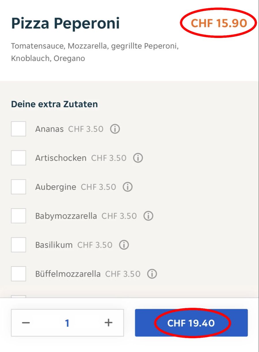 Nur Achtsame sehen den Preisunterschied zwischen Pizza und Warenkorb auf den ersten Blick.