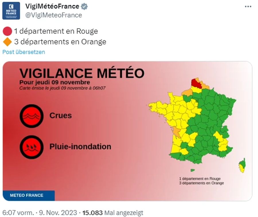 Im Departement Pas-de-Calais gilt Unwetterwarnstufe rot, in drei weiteren Departements die Unwetterwarnstufe orange.