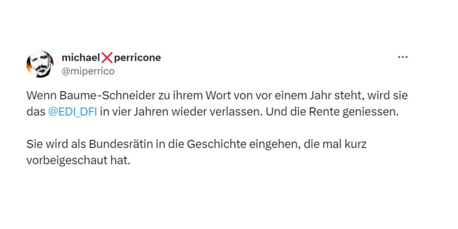 Journalist Michael Perricone prognostiziert für Baume-Schneider eine kurze Amtszeit im Bundesrat.