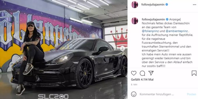 Julia Jasmin Rühle mit ihrem schwarzen Porsche. porsche jasmin rühle
