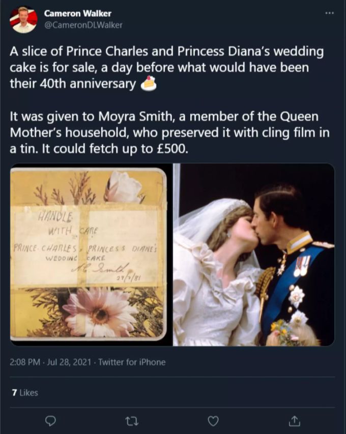 Ein Stück vom Hochzeitskuchen der beiden Royals wird nun versteigert. Dianas Kuchen