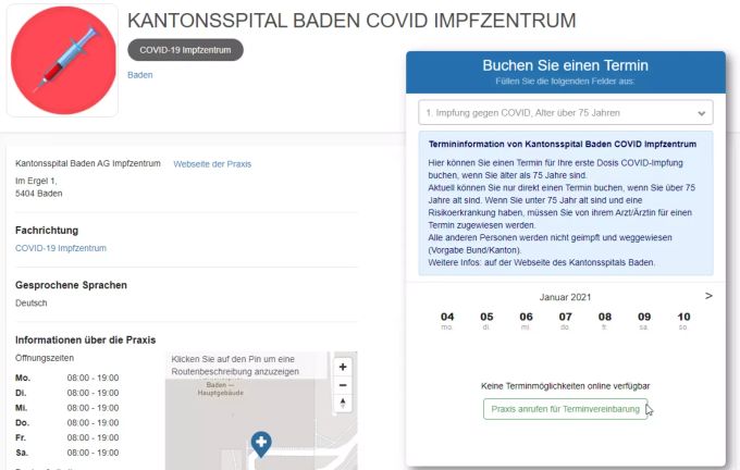 Online sind bereits keine Termine mehr verfügbar. Kantonsspital Baden