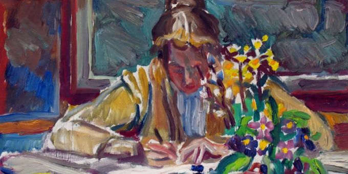 Adolf Weber, Frau am Schreibtisch, 1958, Öl auf Leinwand, 40 × 50 cm, Kunstsammlung der Gemeinde Wettingen.