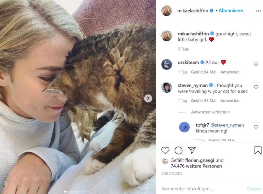 Mikaela Shiffrin sagt ihrer Katze zum letzten Mal «Gute Nacht».