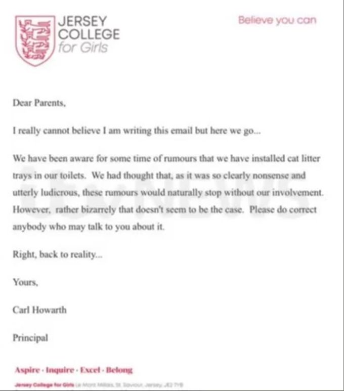 Im E-Mail verneint der Schulleiter Carl Howarth die Installation von Katzenklos auf den Schultoiletten. Katzenklos