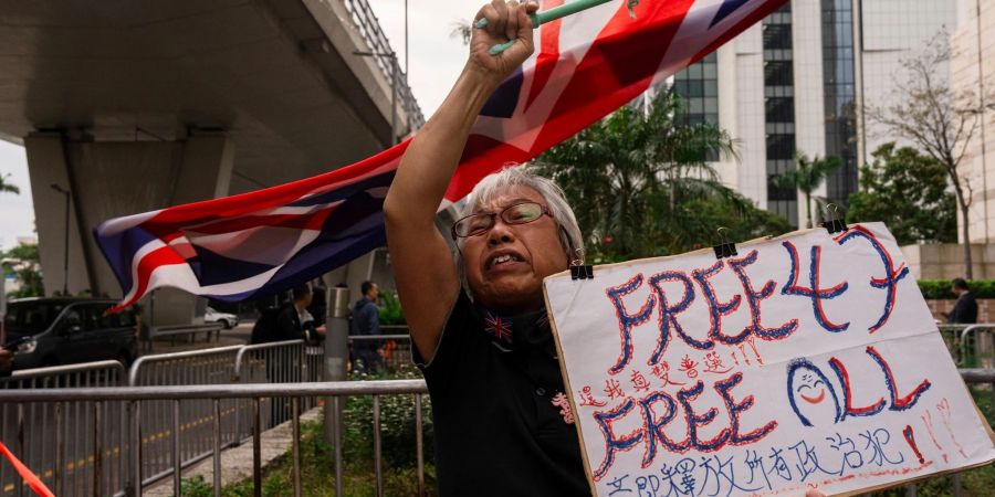 Eine als «Oma Wong» bekannte Demokratieaktivistin protestiert in Hongkong. Die Polizei hat Haftbefehle gegen fünf weitere im Ausland lebende Aktivisten erlassen.