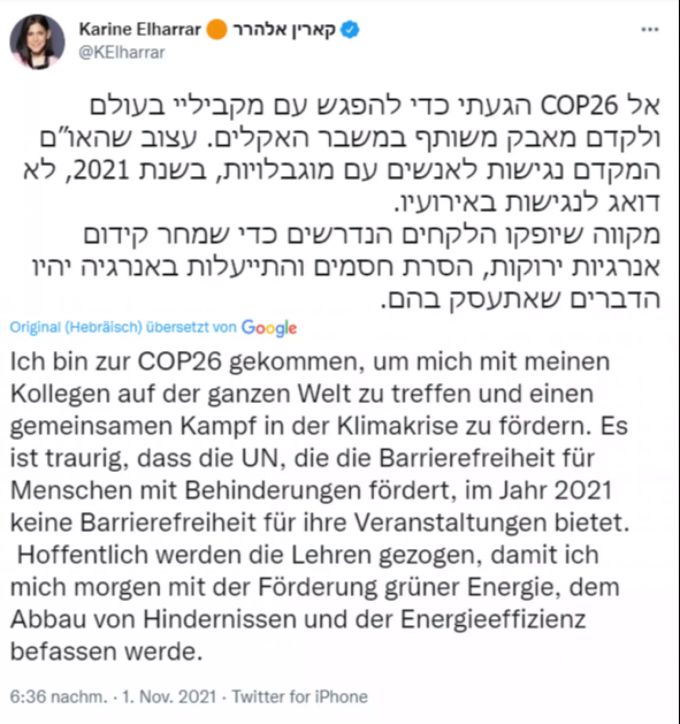Tweet der isrealischen Ministerin Karine Elharrar cop26