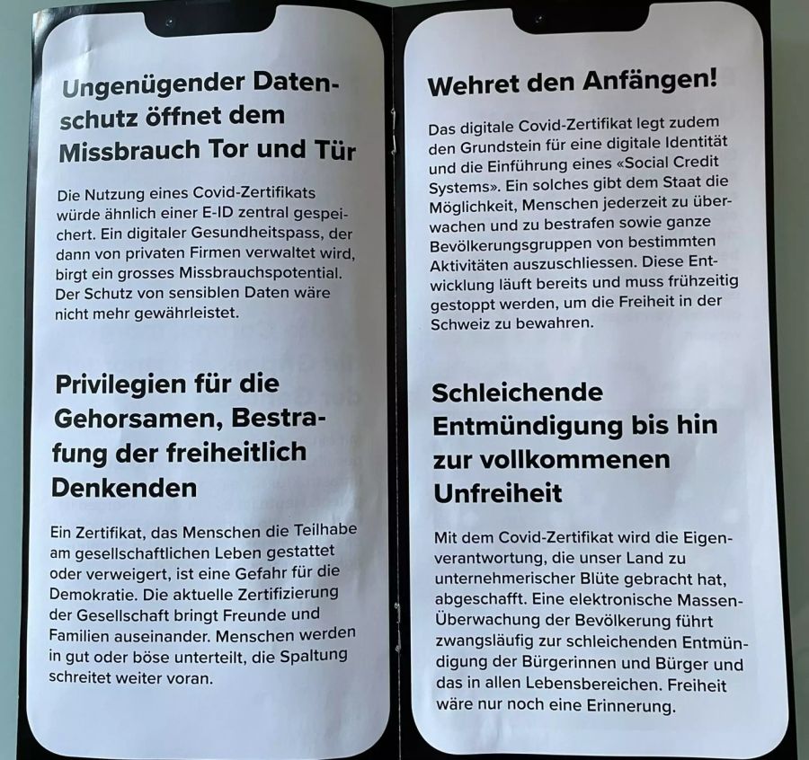 Im Innern warnen die Macher des Flyers vor angeblicher «Entmündigung» der Bürgerinnen und Bürger.