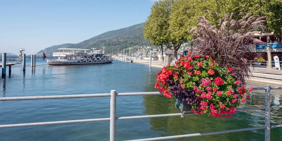 Hafen Biel mit Bielersee und dem Motorschiff Stadt Biel.