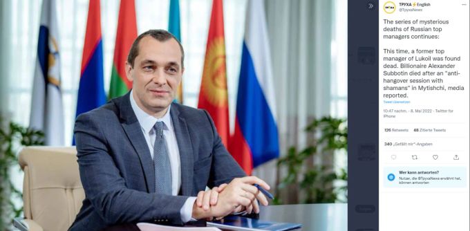 Alexander Subbotin ist bei einer Schamanen-Behandlung gestorben. Damit ist ein weiterer russischer Top-Manager auf mysteriöse Weise ums Leben gekommen. Ukraine-krieg