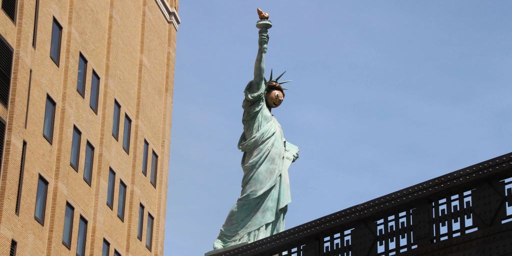 New Statue of Liberty with comic face in New York