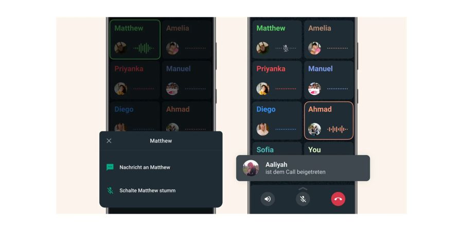 Teilnehmerinnen während der Unterhaltung gezielt stummschalten oder anschreiben (links) und Benachrichtigungen über Beitritte zum Chat erhalten (rechts). Das sind die drei neuen Whatsapp-Features für Gruppen-Sprachanrufe.