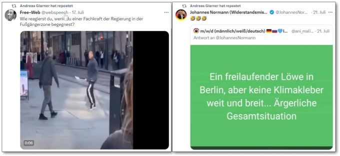 Zwei kontroverse Tweets. Kontrovers, aber harmlos. Das ist jetzt ironisch gemeint. Andreas Glarner Tweets Repost
