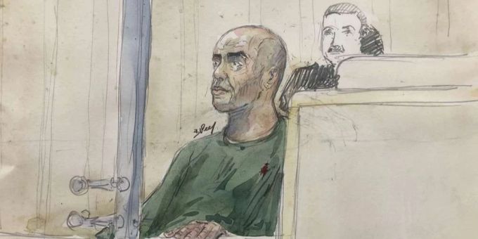 Eine Skizze von Rédoine Faïd zu Beginn seines Prozesses. Rédoine Faïd