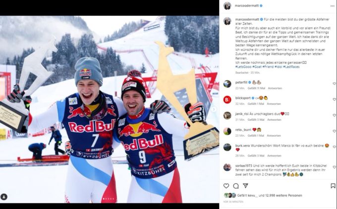 Marco Odermatt richtet herzliche Abschiedsworte an Beat Feuz. Beat Feuz
