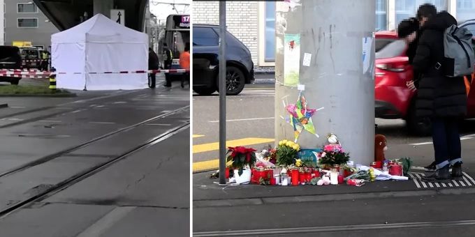 Trauernde legen Gegenstände nieder, wo der Fünfjährige auf dem Escher-Wyss-Platz gestorben ist. Escher Wyss