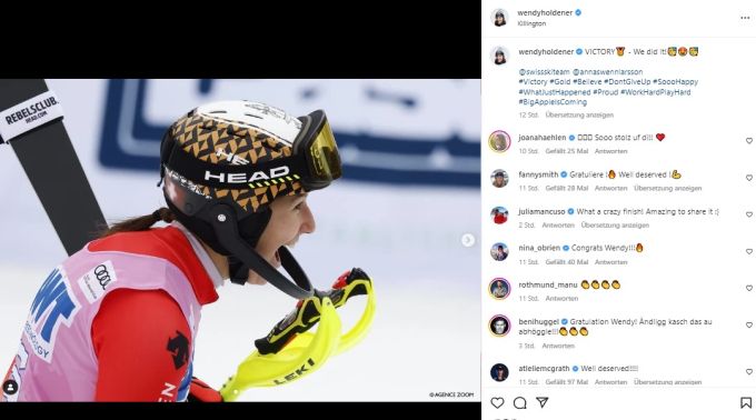 Wendy Holdener freut sich auf Instagram über ihren ersten Weltcup-Sieg im Slalom. Wendy Holdener