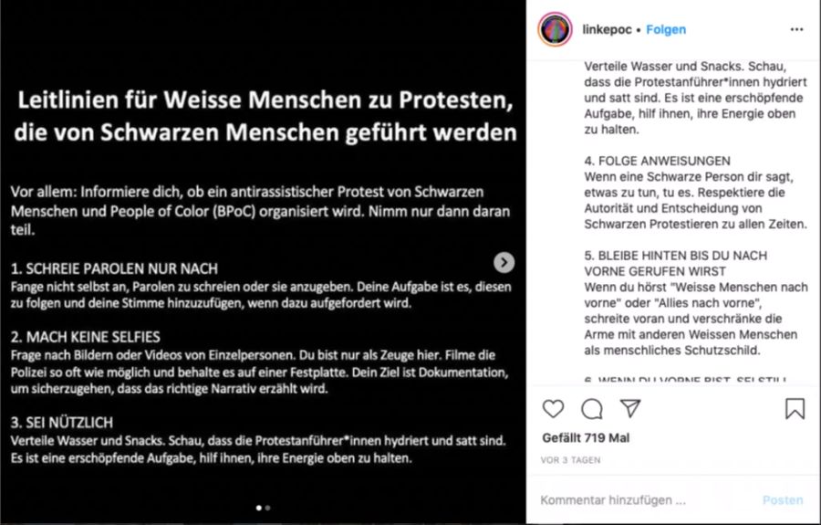 Der Instagram-Account «linkepoc» postet Leitlinien für Weisse, die an Anti-Rassismus-Demonstrationen für George Floyd teilnehmen.