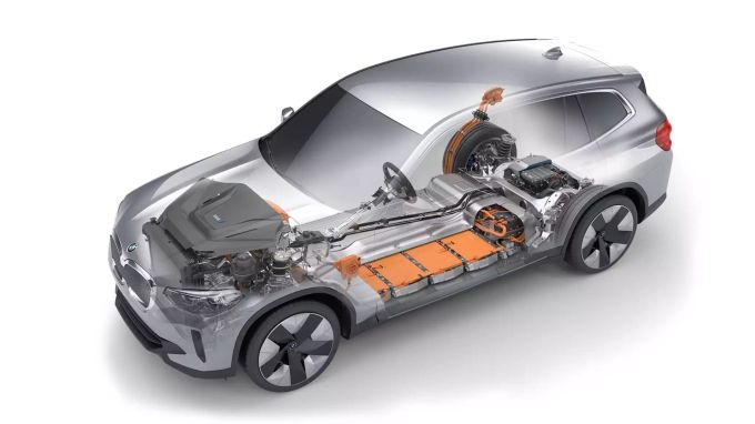Die 80kWh-Batterie liegt im Wagenboden, der Motor hinten, sonstige Aggregate vorn - der Kofferraum bleibt uneingeschränkt 2020 BMW iX3 cutaway