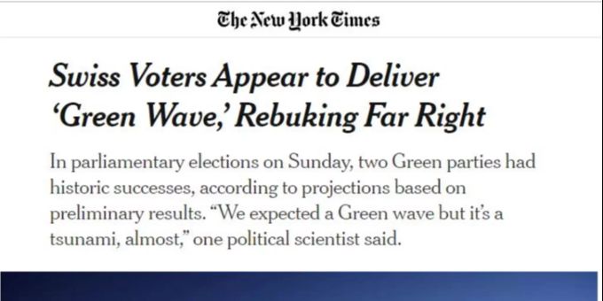 New York Times titelt: «Schweizer Wähler scheinen ‹Grüne Welle› abzuliefern und tadeln ganz rechts». NYT Schweizer Wahlen