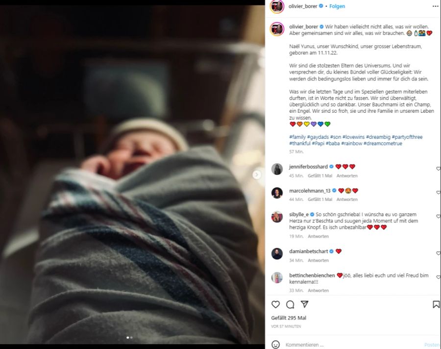 SRF-Moderator Olivier Borer gibt auf Instagram die Geburt seines Sohnes bekannt.