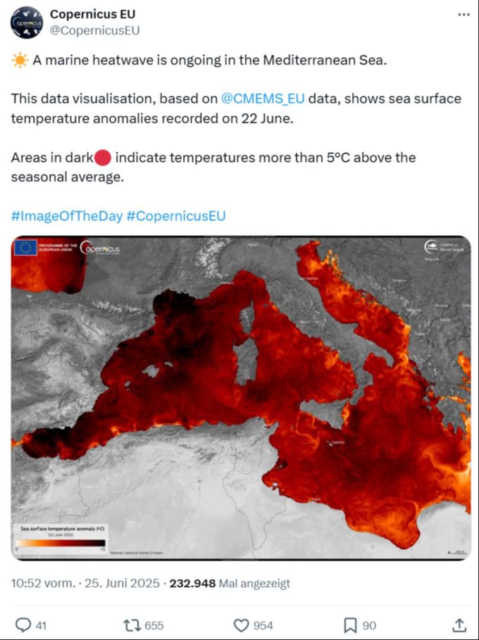 Eine Hitzewelle im Mittelmeer: An vielen Orten übersteigt die Wassertemperatur das Mittel für Ende Juni um 5 Grad. hitzewelle im mittelmeer