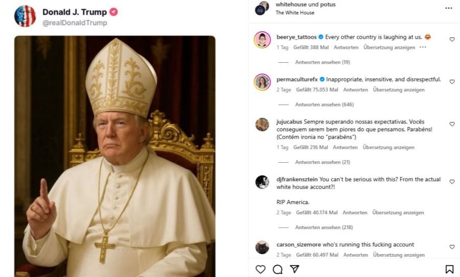 Die Kommentare zum Papst-KI-Bild von Donald Trump sind vernichtend.