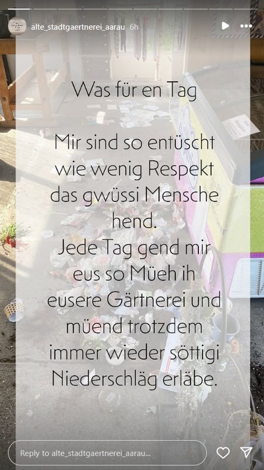 Die Alte Stadtgärtnerei Aarau meldet in ihrer Instagram-Story einen Einbruch.