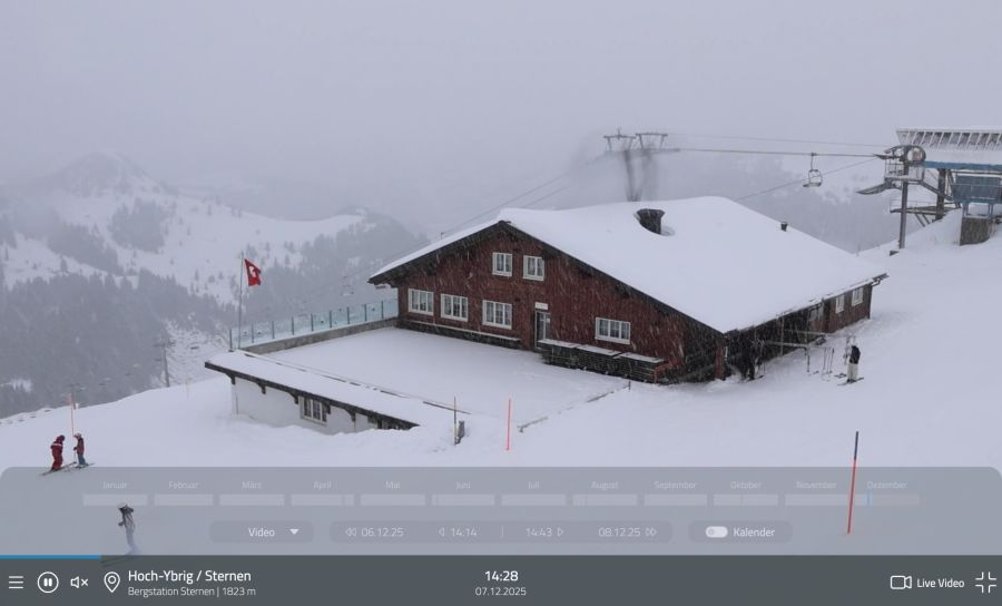 Sonntagnachmittag an der Bergstation Sternen, Hoch-Ybrig: Auf 1823 Metern über Meer schneite es.