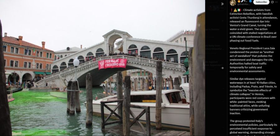Protest auf dem Wasser: Die grelle Färbung des Canal Grande sollte auf die Folgen der Klimakrise aufmerksam machen.