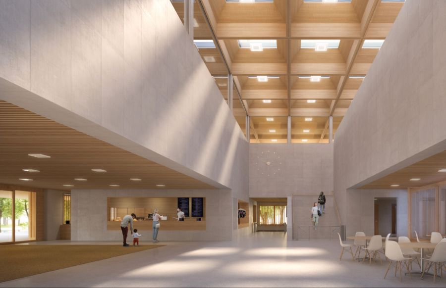 Der Eingangsbereich mit Foyer der neuen Sport- und Freizeitanlage Weyermannshaus (Visualisierung).
