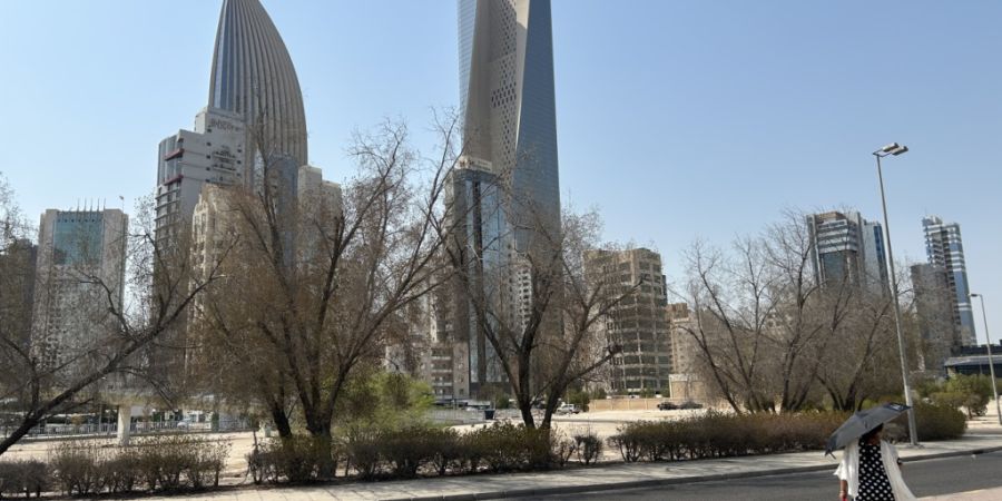 ARCHIV - Eine Frau geht an verdorrten Bäumen vor den Wolkenkratzern in der Innenstadt von Kuwait-Stadt vorbei. Foto: Johannes Sadek/dpa