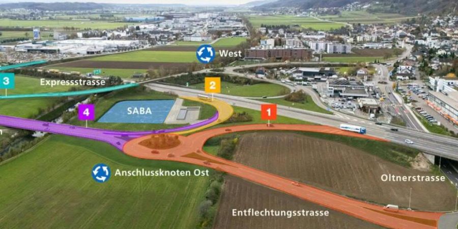 Der 6-Streifen-Ausbau der A1 bringt beim Anschluss Egerkingen SO eine neue Verkehrsführung: Nächste Woche wird unter anderem die neue Einfahrt Richtung Basel (rot) eröffnet.
