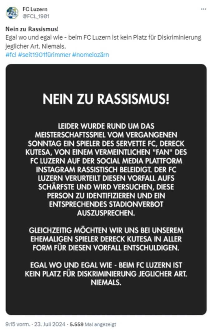 Der FC Luzern äussert sich zur rassistischen Beleidigung gegenüber Servette-Spiele Dereck Kutesa. FC Luzern Dereck Kutesa