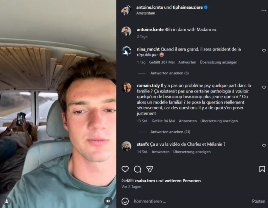 Romantik im Camper auf der Autobahn: Antoine fährt, Tiphaine surft auf dem Handy im Internet.