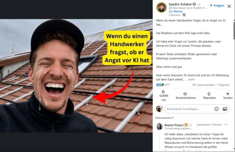 Ein KI-Bild eines tränenlachenden Handwerkers sorgt auf Linkedin für Diskussionen.