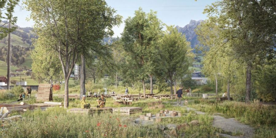 Auf einer heute landwirtschaftlich genutzten Fläche im Gebiet Seemattli soll gemäss Visualisierung ein Naturpark mit einem Spielplatz, Sitzgelegenheiten und Wildhecken entstehen.
