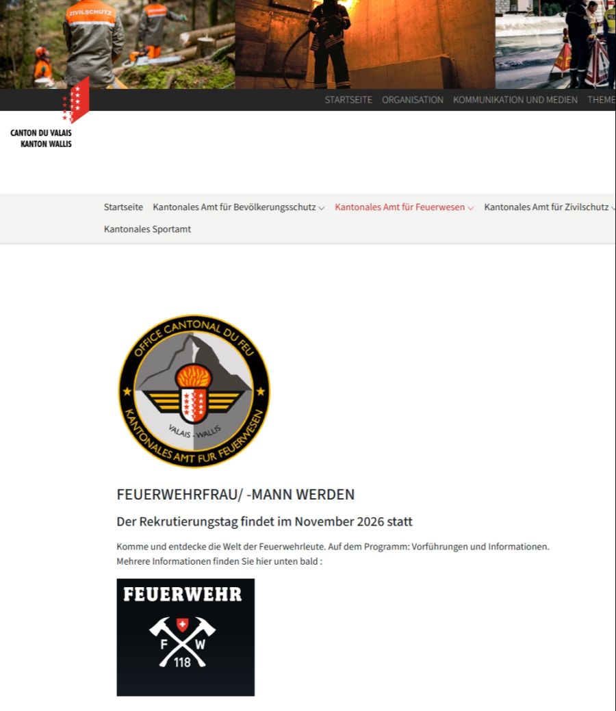 Auf der Website des Kantonalen Amts für Feuerwesen Wallis wird für den Rekrutierungstag 2026 geworben.