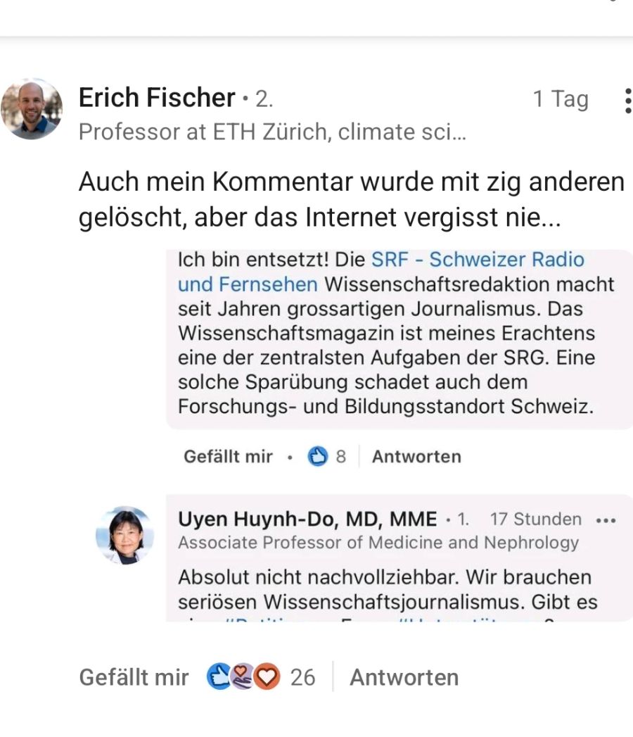 Ein ETH-Professor hatte einen Screenshot seines Kommentars gemacht und diesen nun erneut veröffentlicht.