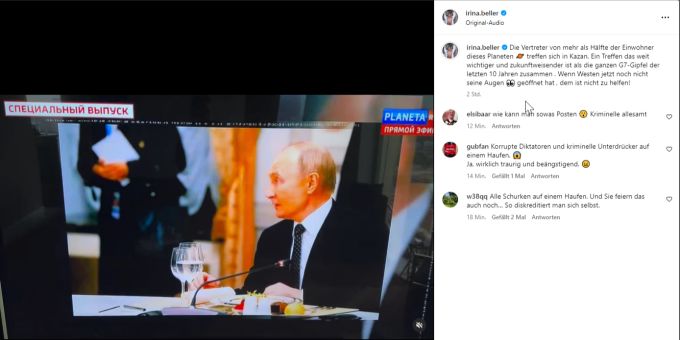 Die Kommentare zu Irina Bellers neustem Instagram Post über Wladimir Putin und das Brics-Treffen sind voller Kritik. Irina Beller Wladimir Putin
