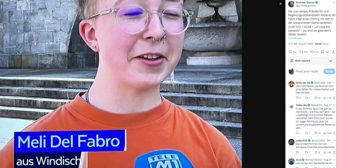 Andreas Glarner stellt die Juso-Politikerin Meli Del Fabro an den Pranger. Die Regierungsratskandidatin trug bei einem TV-Auftritt einen Ohrring mit einem Code aus der linksradikalen Szene. Andreas Glarner Juso