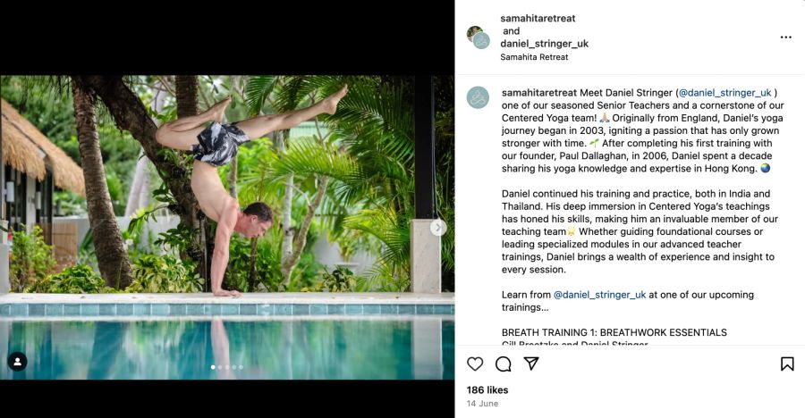 Mann macht Yoga am Pool, Instagram.