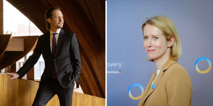 Der ehemalige estnische Kulturminister und Kandidat für das Amt des Generalsekretärs des Europarats, Indrek Saar (links), und die Ministerpräsidentin Estlands, Kaja Kallas. Indrek Saar Kaja Kallas