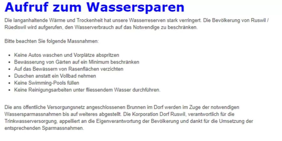 Die Korporation Dorf Ruswil LU ruft auf seiner Homepage zum Wassersparen auf.