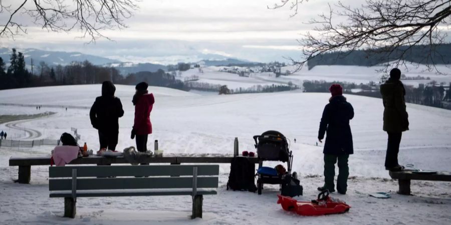 Eltern mit ihren Kindern schlitteln im Neuschnee auf dem Gurten.