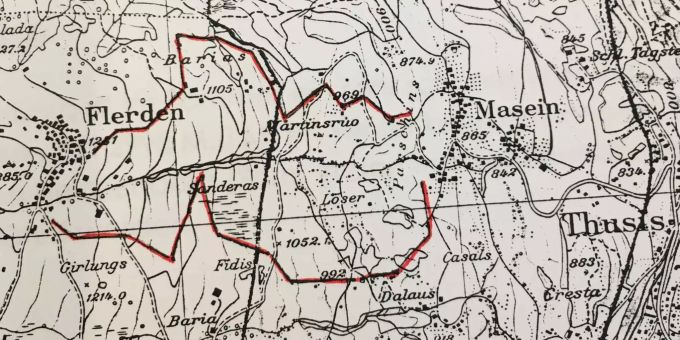 Rot eingezeichnet: Strecke die beim Mazza Cula am Heinzenberg zurückgelegt wird. Rot eingezeichnet: Strecke die beim Mazza Cula am Heinzenberg zurückgelegt wird.